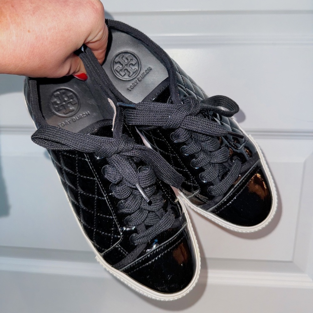Tory Burch Black Quilted Patent Leather Sneakers
